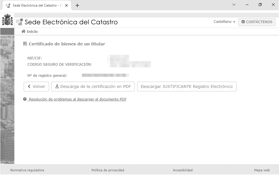 Imagen pantalla Certificado de bienes de un titular