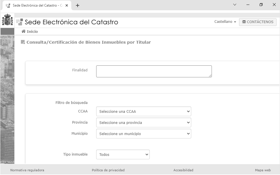 Imagen pantalla Consulta/Certificación de Bienes Inmuebles por Titular
