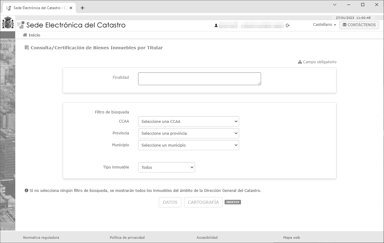 Imagen pantalla Consulta y certificación por titular catastral